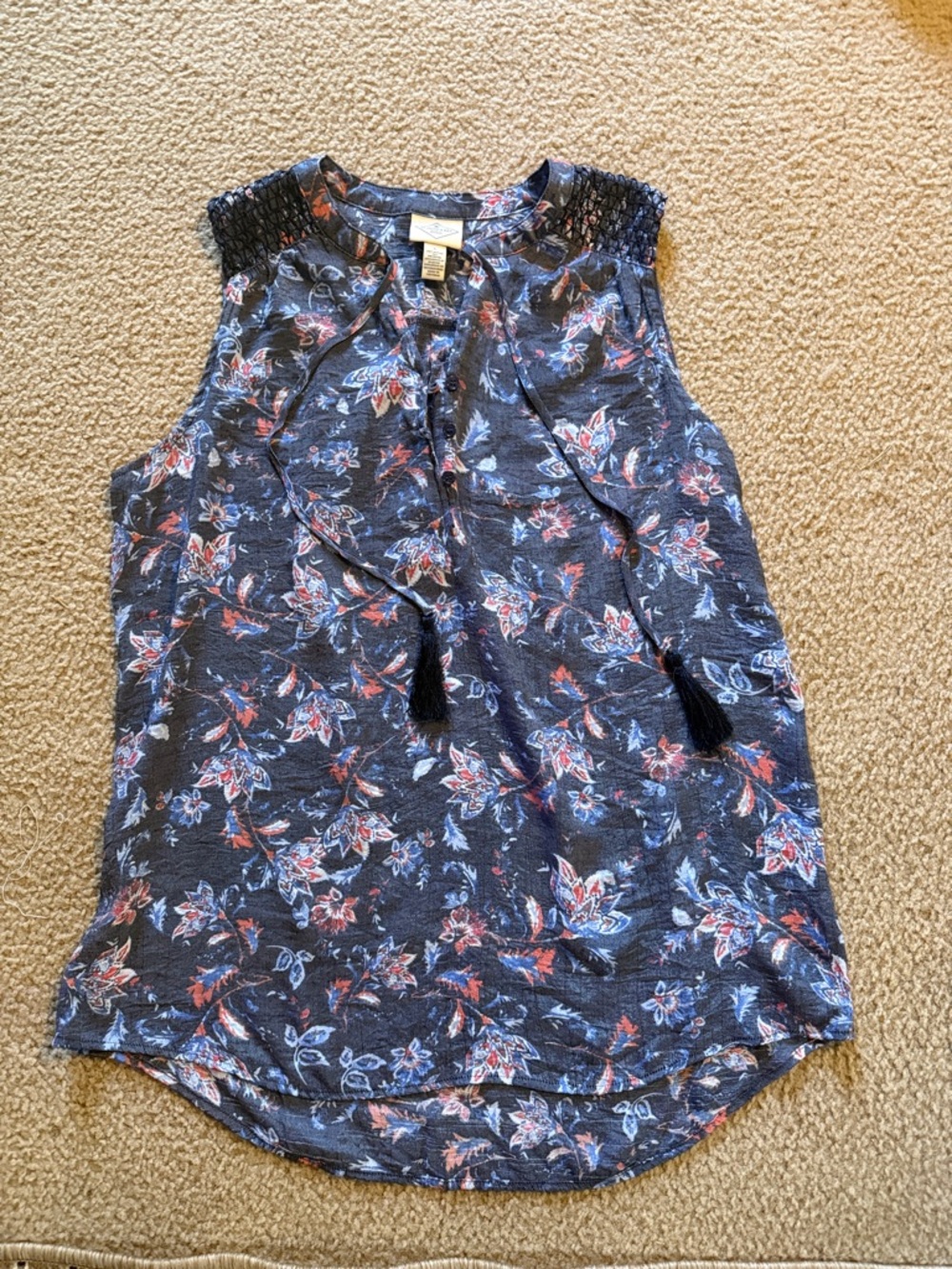 St Johns Bay Top LARGE Floral Lace Up Sleeveless Boho Casual Chic